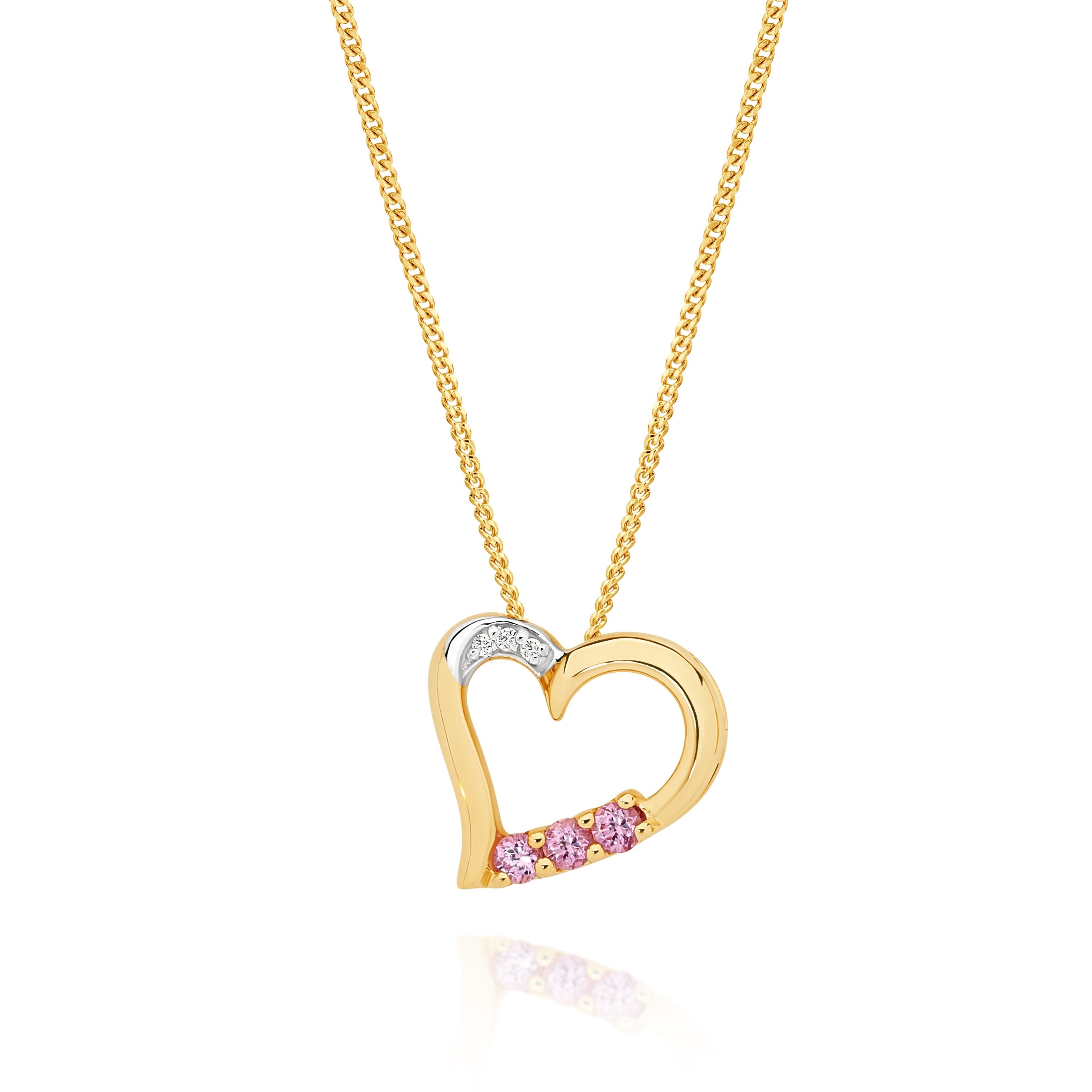 9ct Yellow Gold Cr Pink Sapphire Open Heart Pendant