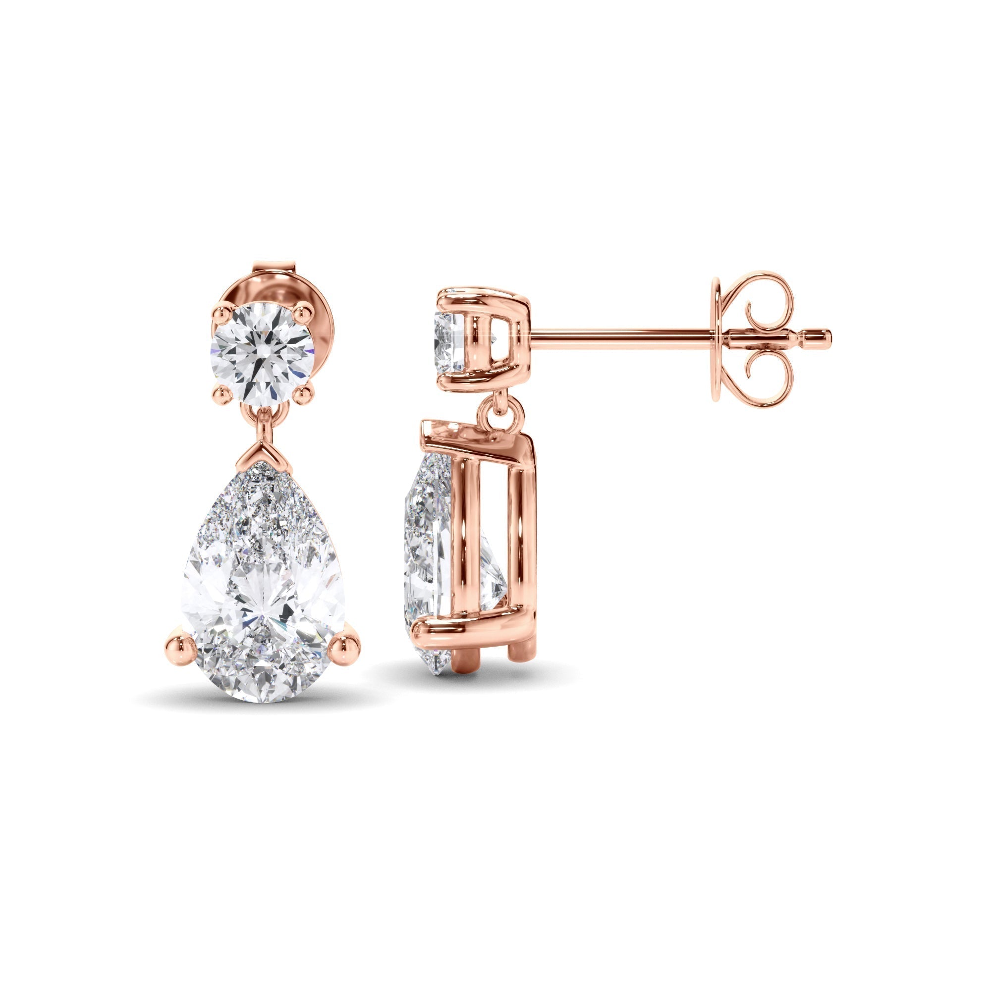 Pear & Round Brilliant Cut Diamond Drop Stud Earrings