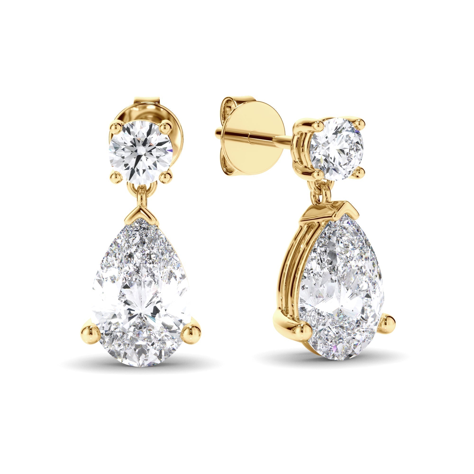 Pear & Round Brilliant Cut Diamond Drop Stud Earrings