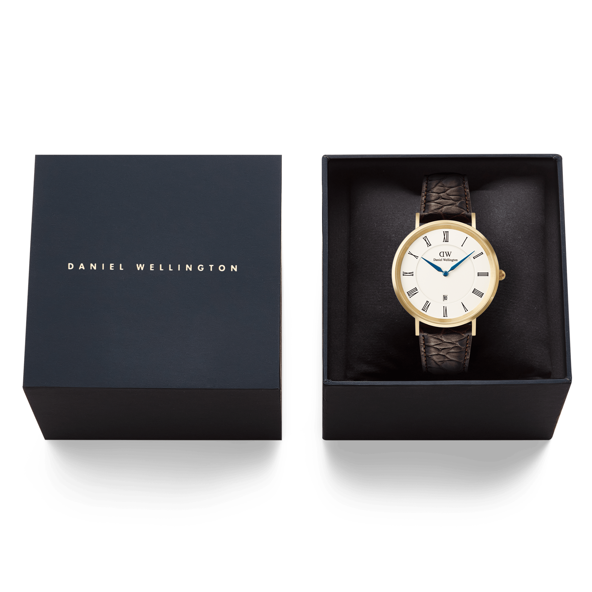 Daniel Wellington Classic Roman Numerals Date Dark Brown Croc Belly Gold