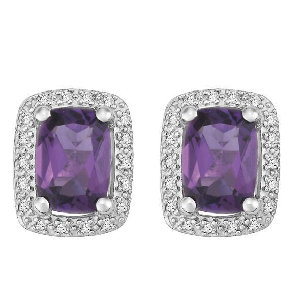 9ct White Gold Cushion Amethyst and Round Brilliant-cut Diamond Earrings