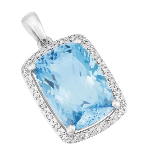 9ct White Gold Cushion Blue Topaz and Round Brilliant-cut Diamond Pendant