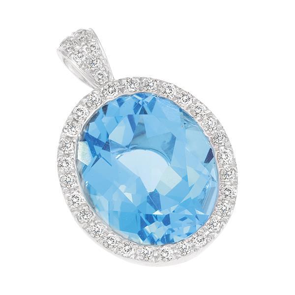 9ct White Gold Oval Blue Topaz and Round Brilliant-cut Diamond Pendant