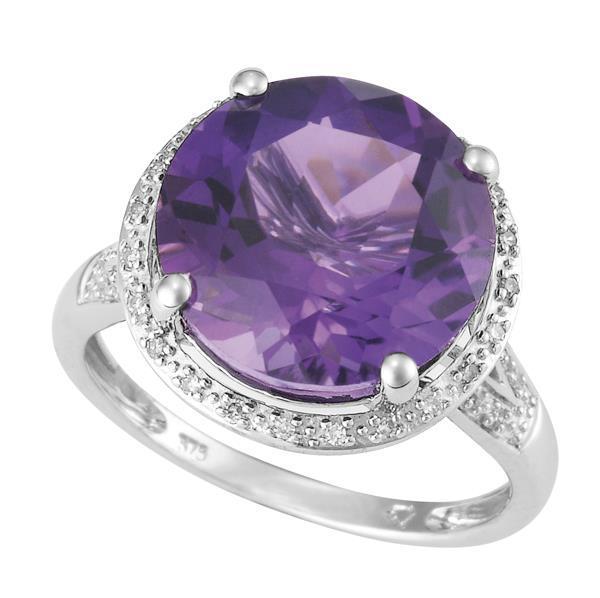 9ct White Gold Round Amethyst and Round Brilliant-cut Diamond Ring