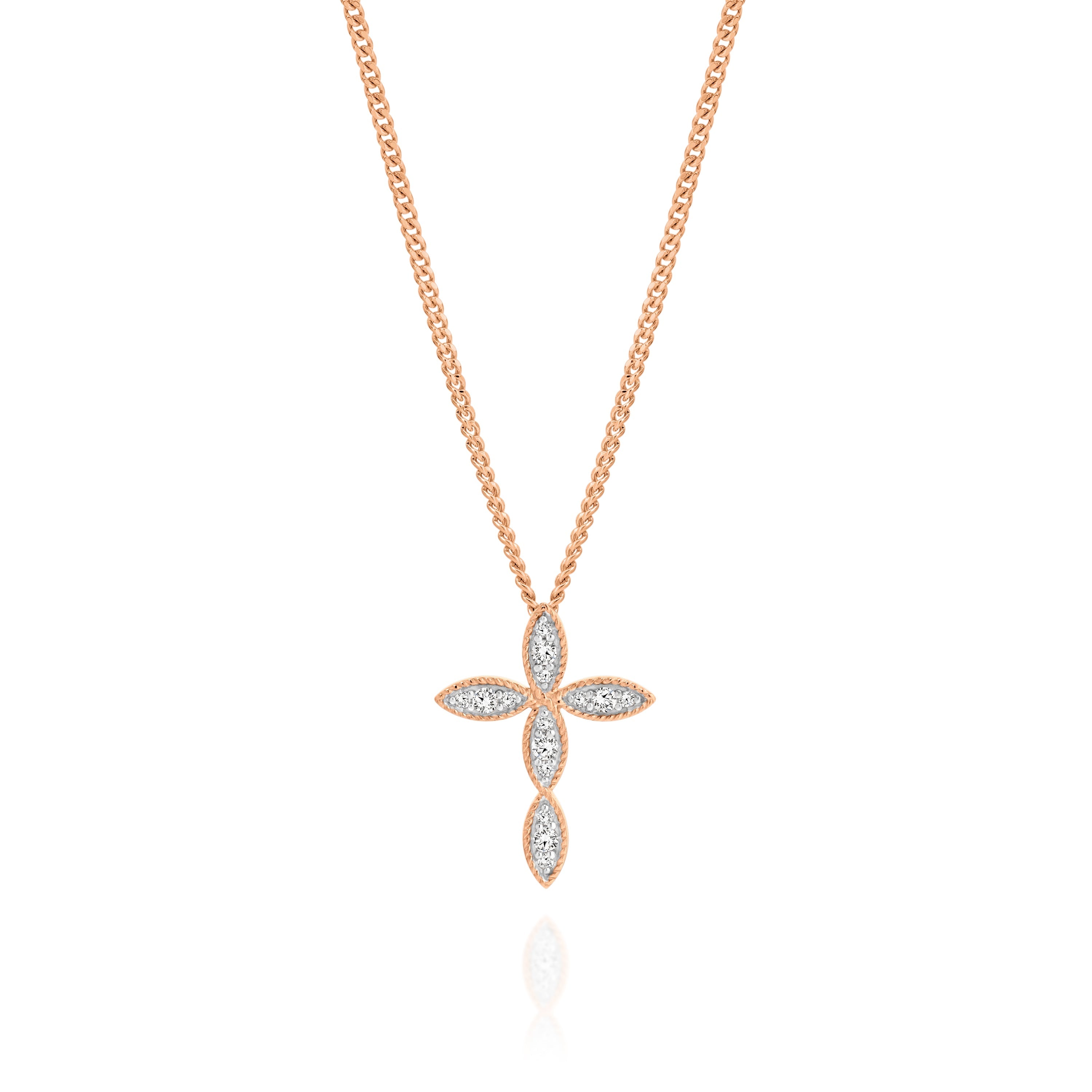 9ct rose gold 0.10ct diamond millgrain cross pendant