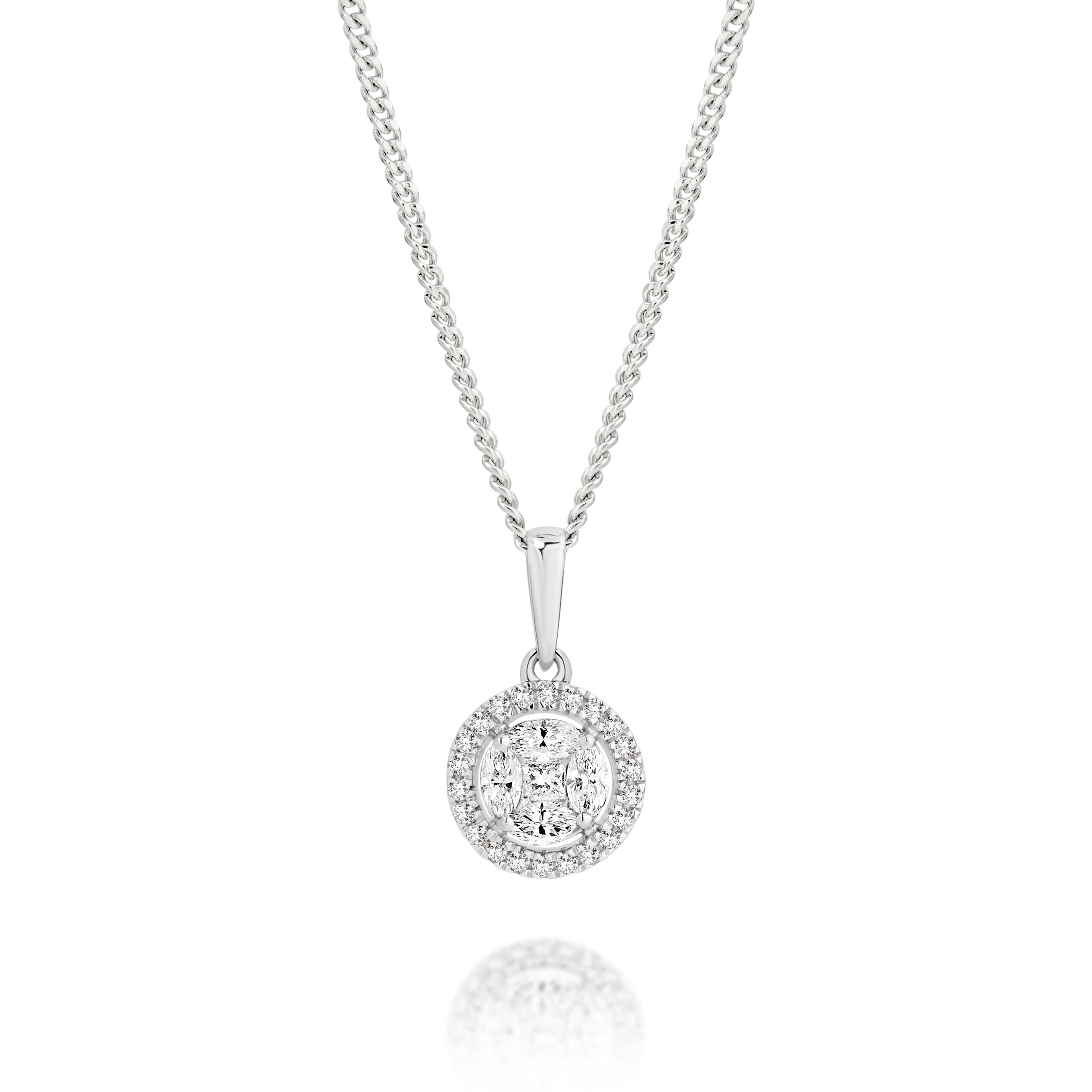9ct white gold 0.25ct diamond halo pendant with princess & marquise stones