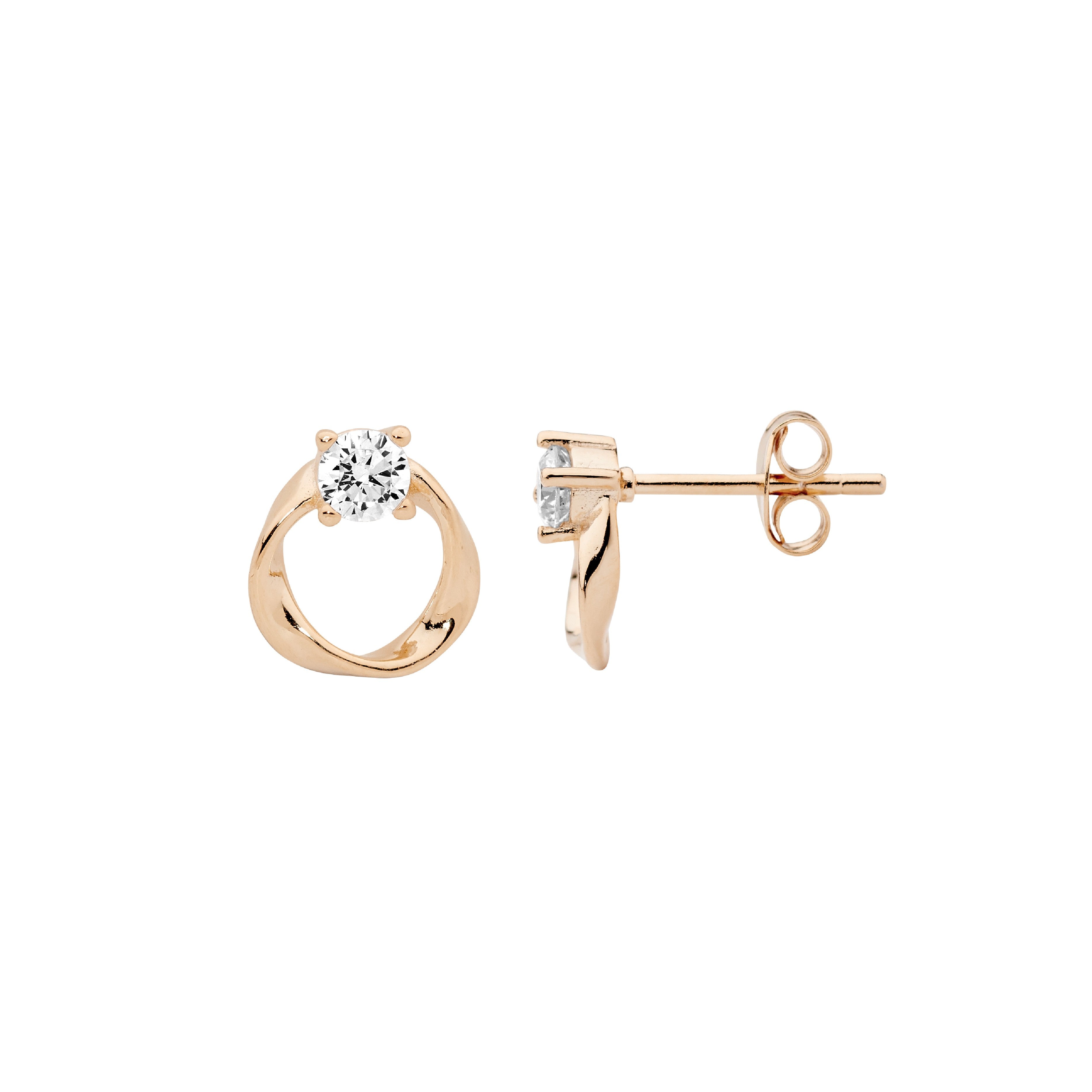Sterling Silver 9mm Open Circle Twist Earrings With Cubic Zirconia & Rose Gold Plating