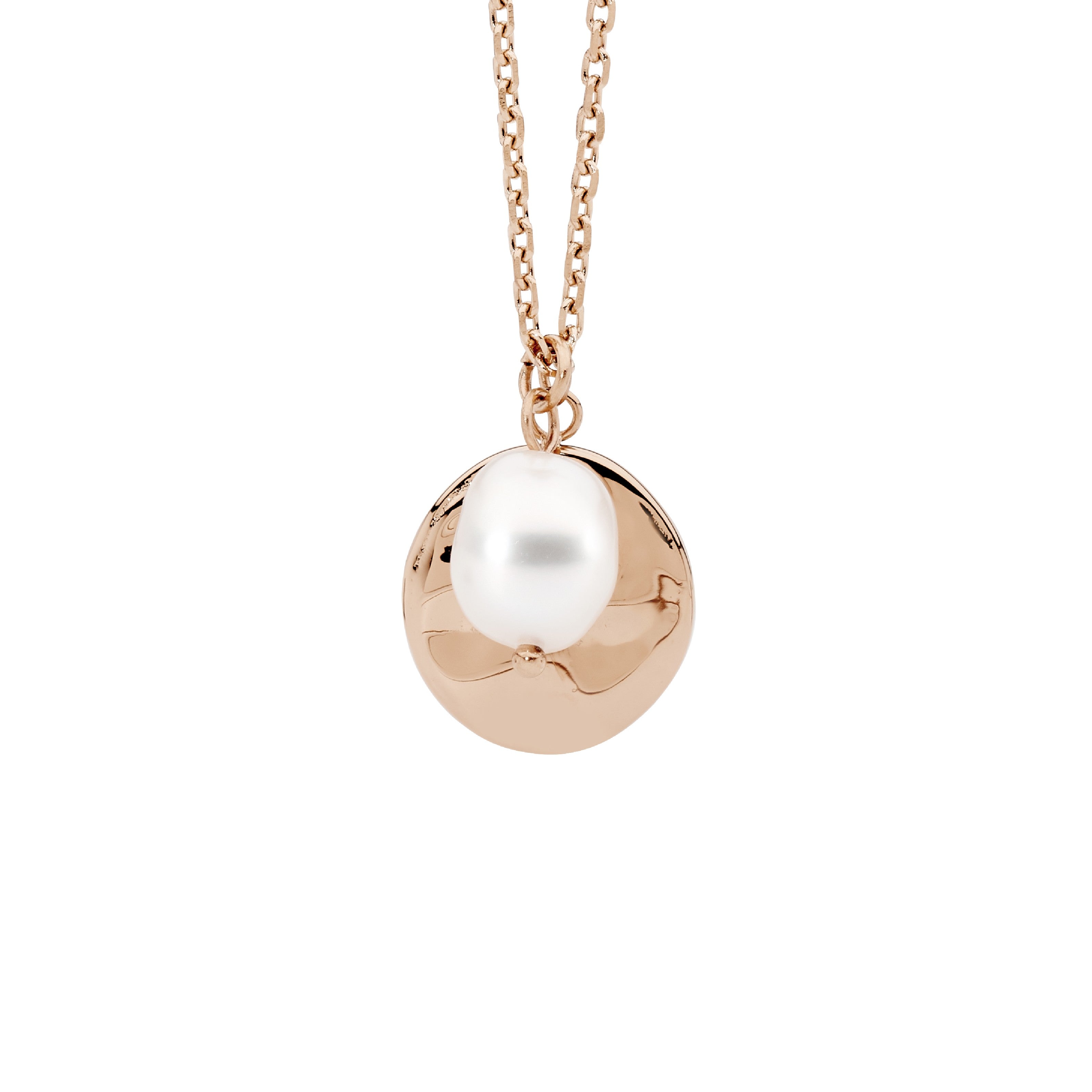Stainless Steel Disk With Freshwater Pearl Pendant, 40+5cm & Rose Gold IP Plating