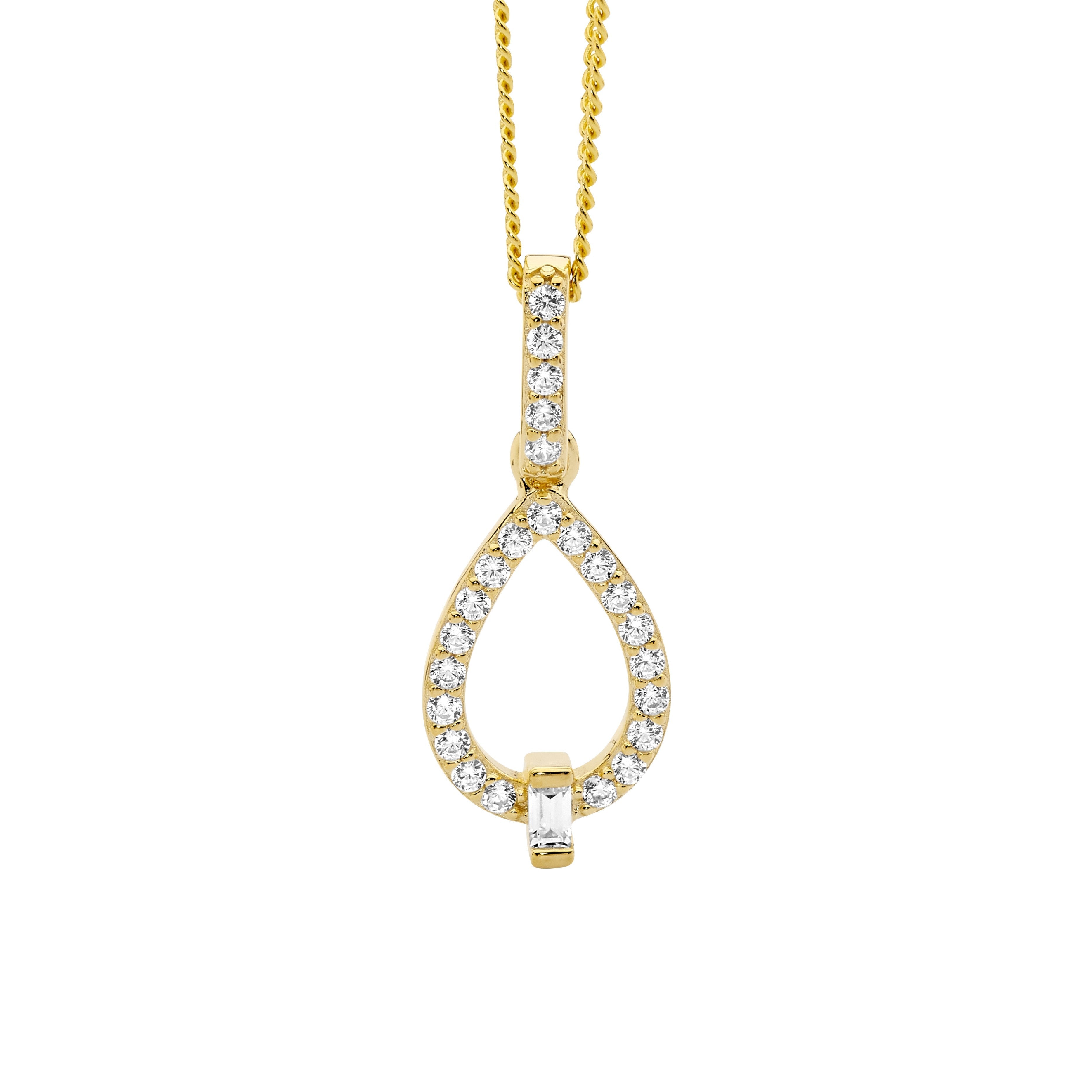 Sterling Silver Cubic Zirconia Open Tear Drop Pendant With Baguette & Gold Plating