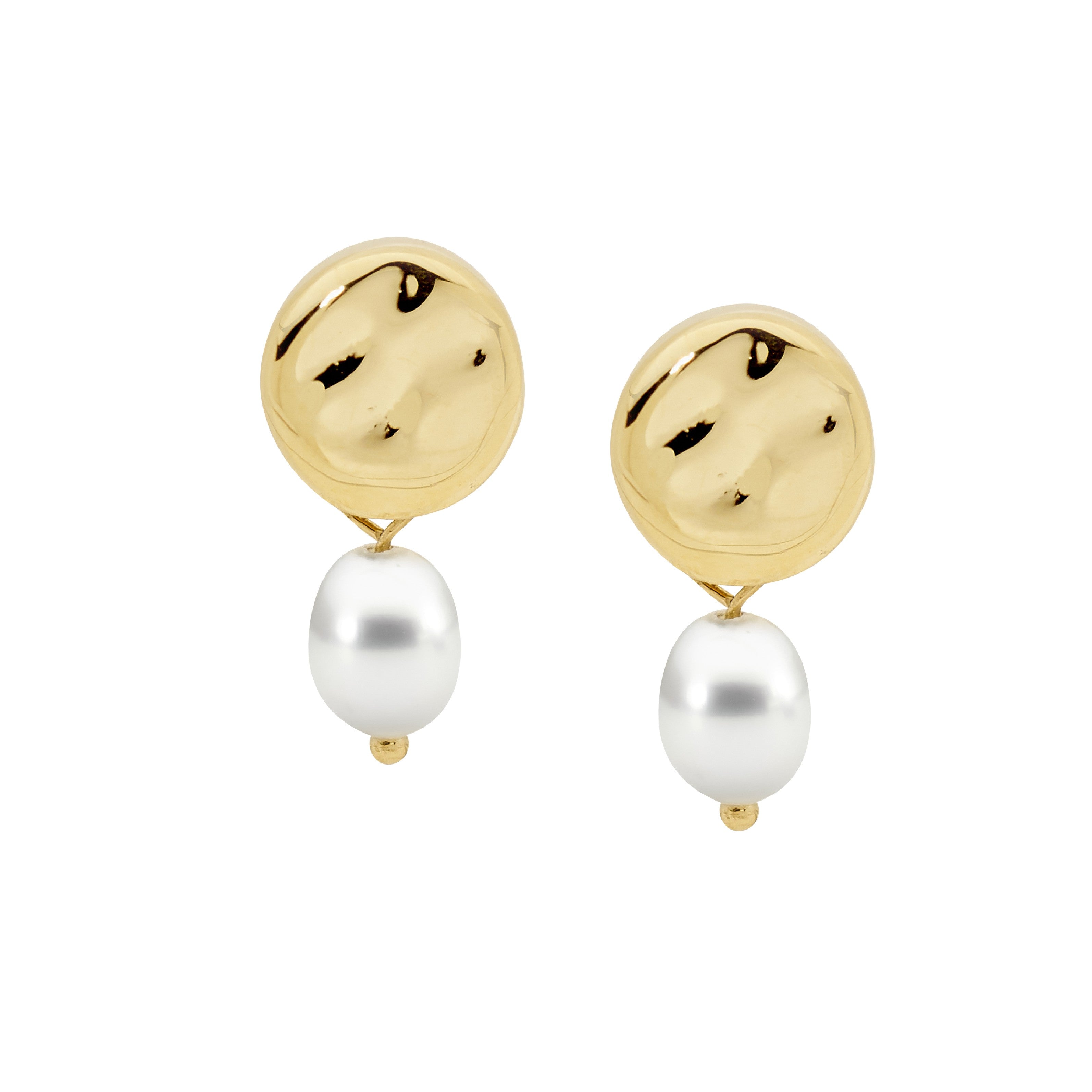 Stainless Steel Disk Earrings With Freshwater Pearl & Gold IP Plating