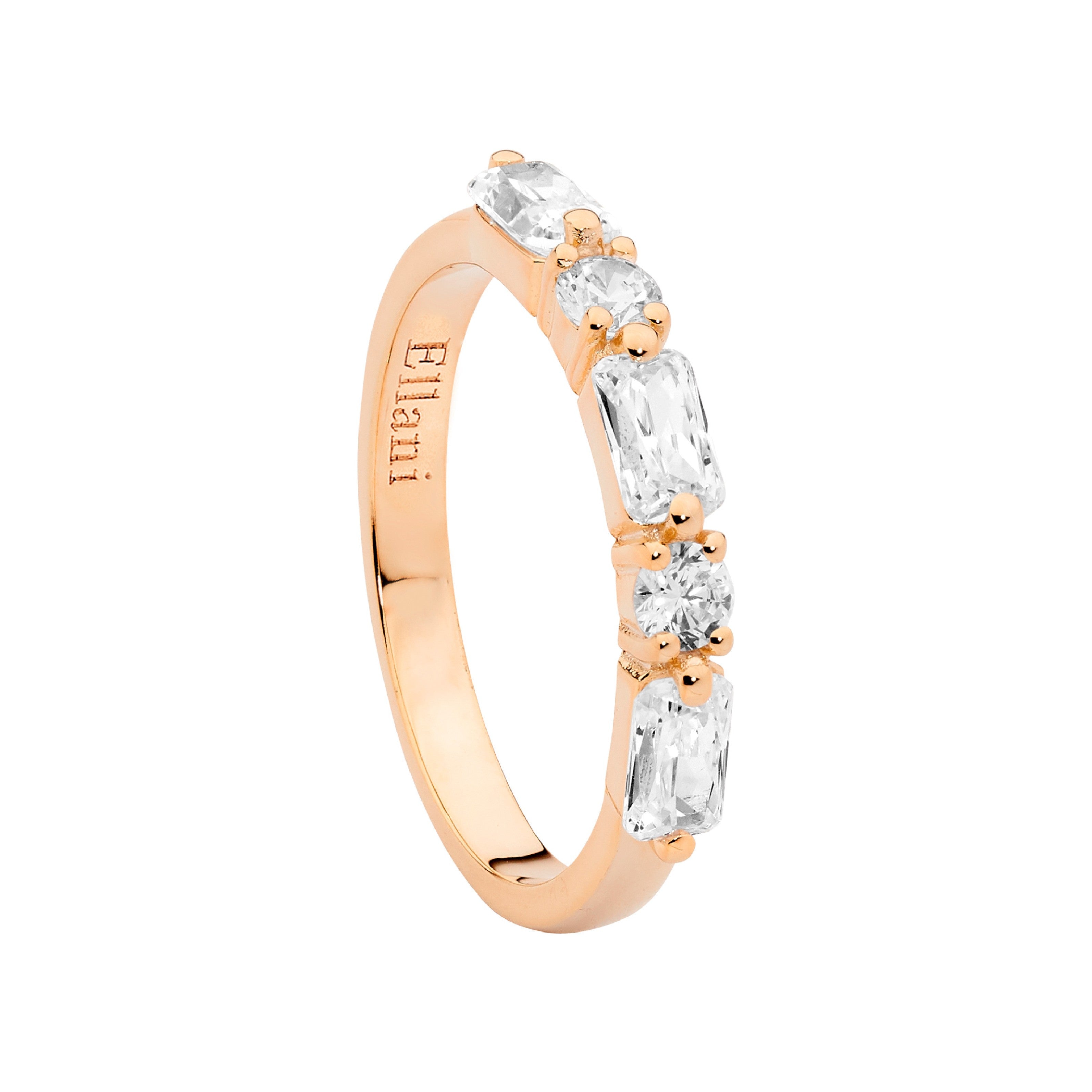 Sterling Silver Cubic Zirconia Round & Baguette Ring With Rose Gold Plating