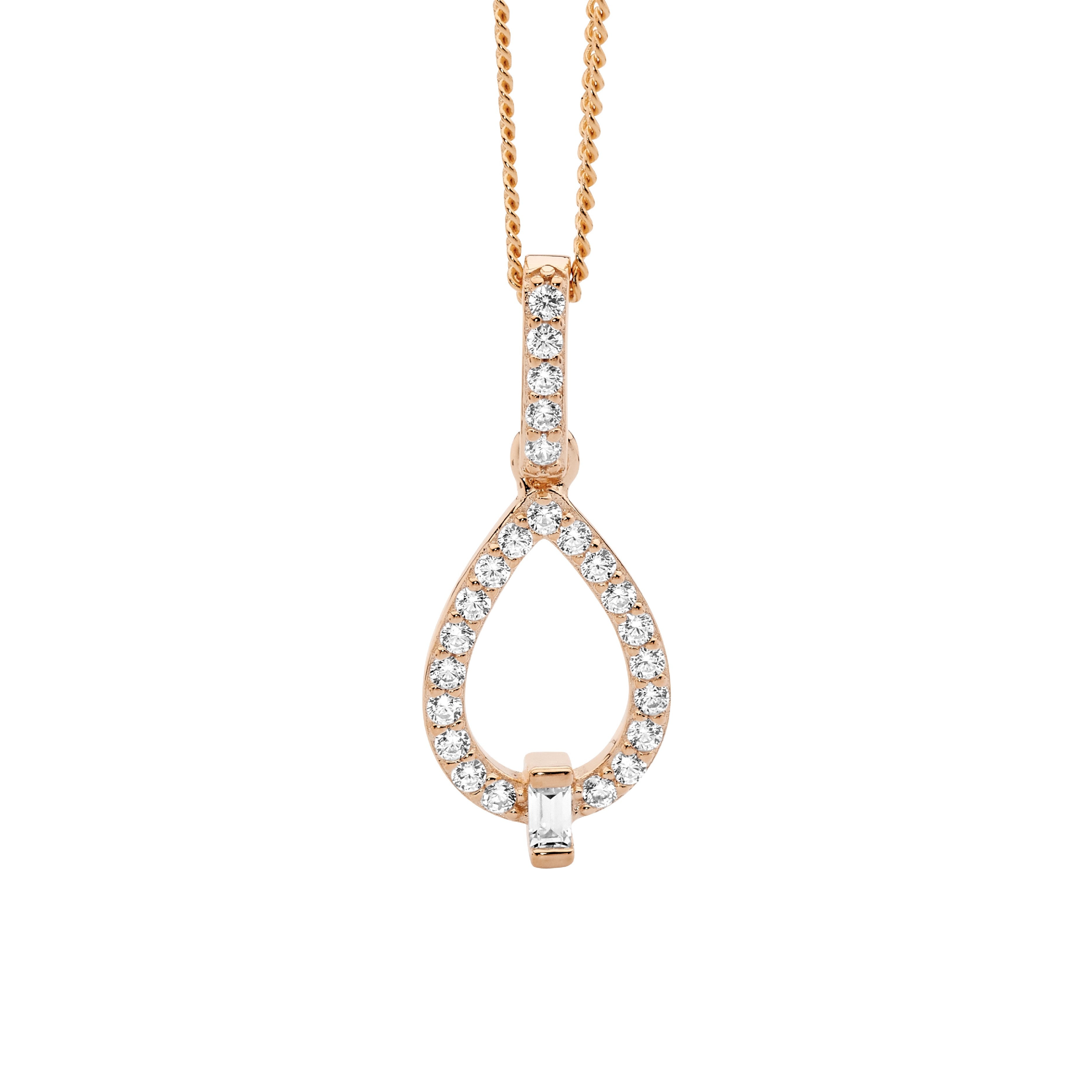 Sterling Silver Cubic Zirconia Open Tear Drop Pendant With Baguette & Rose Gold Plating
