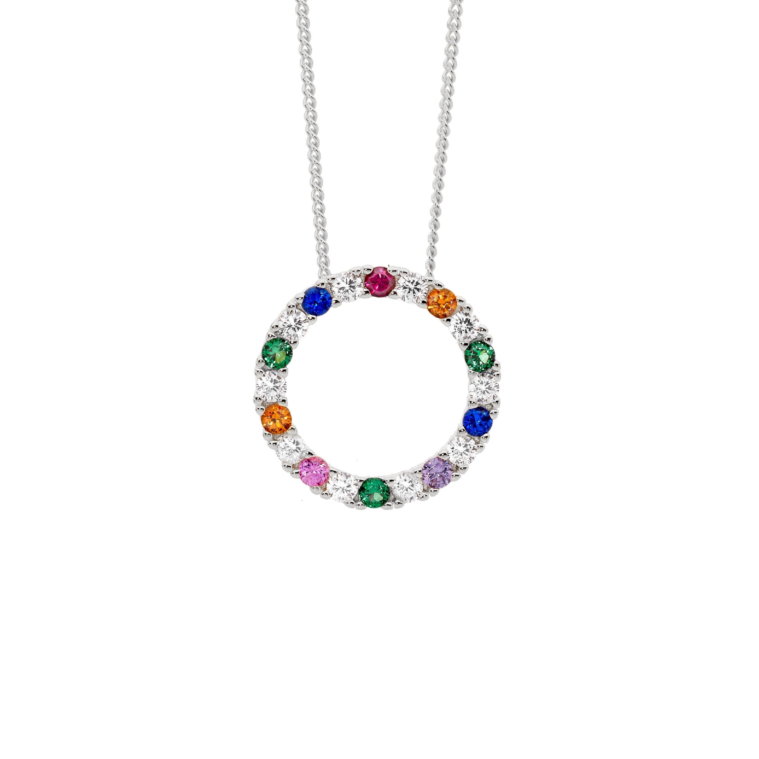 Sterling Silver & Multi Colour Cubic Zirconia 16mm Open Circle Pendant