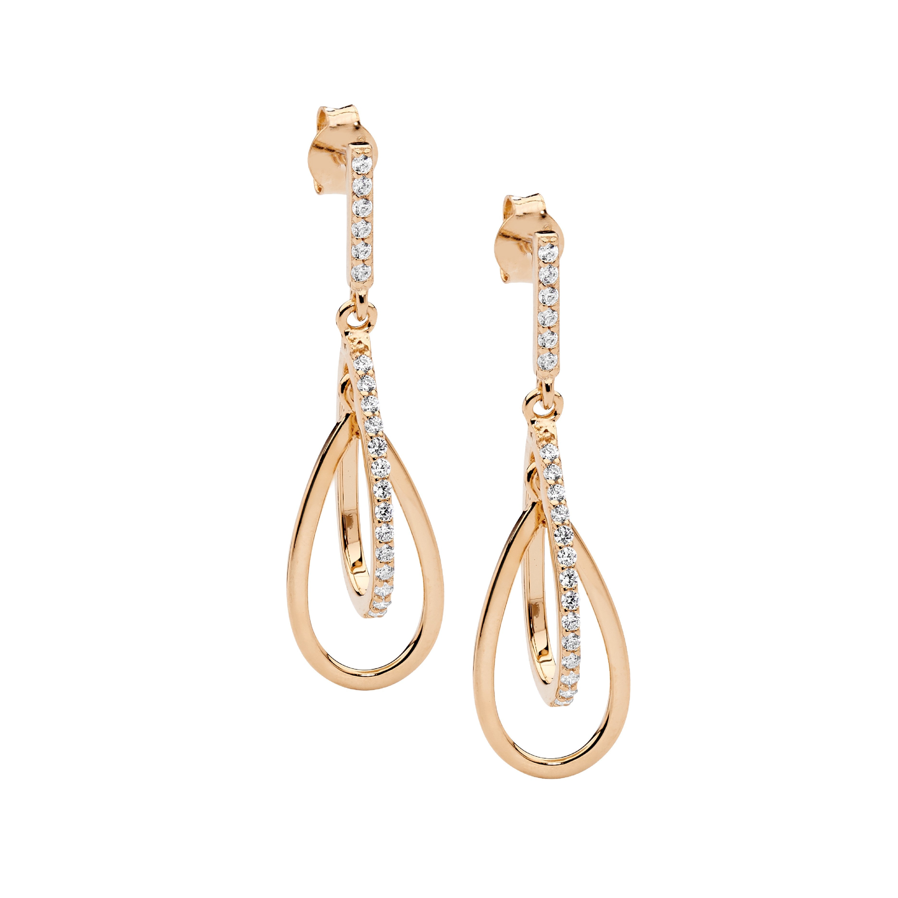 Sterling Silver Cubic Zirconia Double Open Tear Drop Earrings With Rose Gold Plating