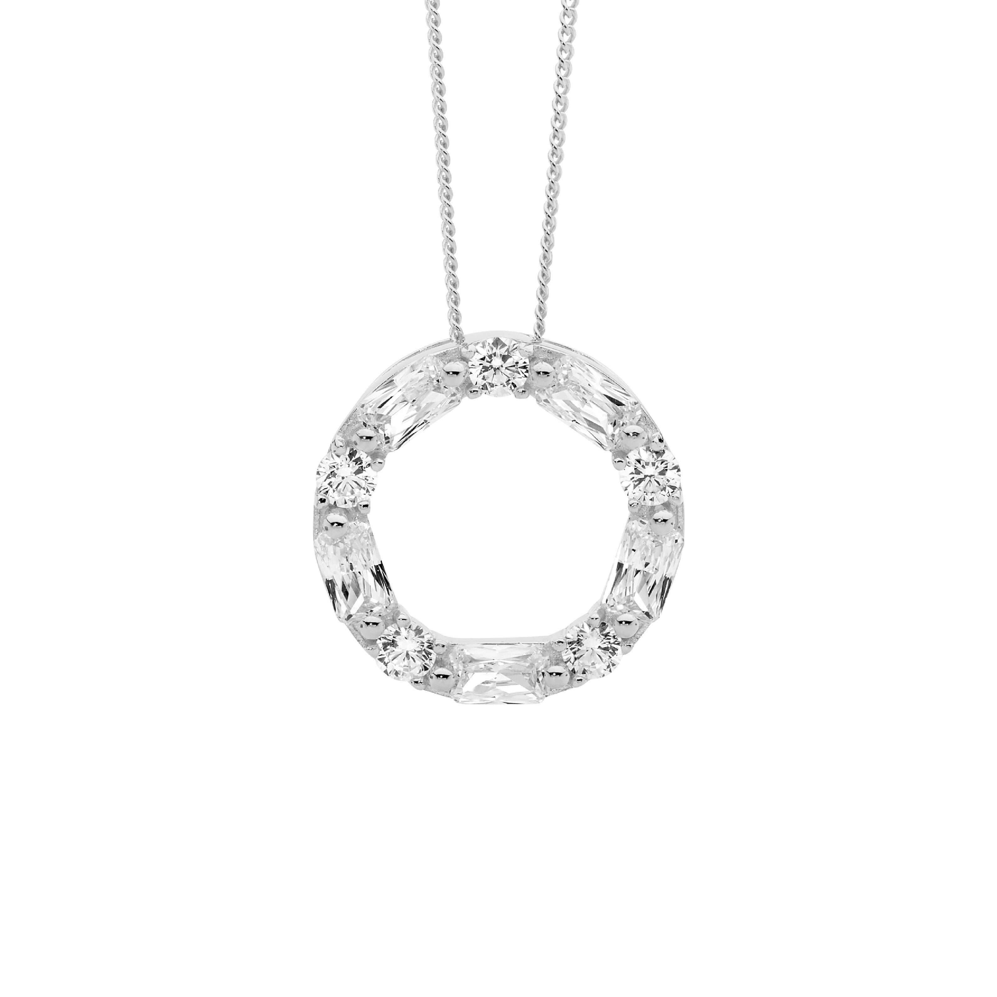 Sterling Silver Cubic Zirconia Round & Baguette 18mm Circle Pendant