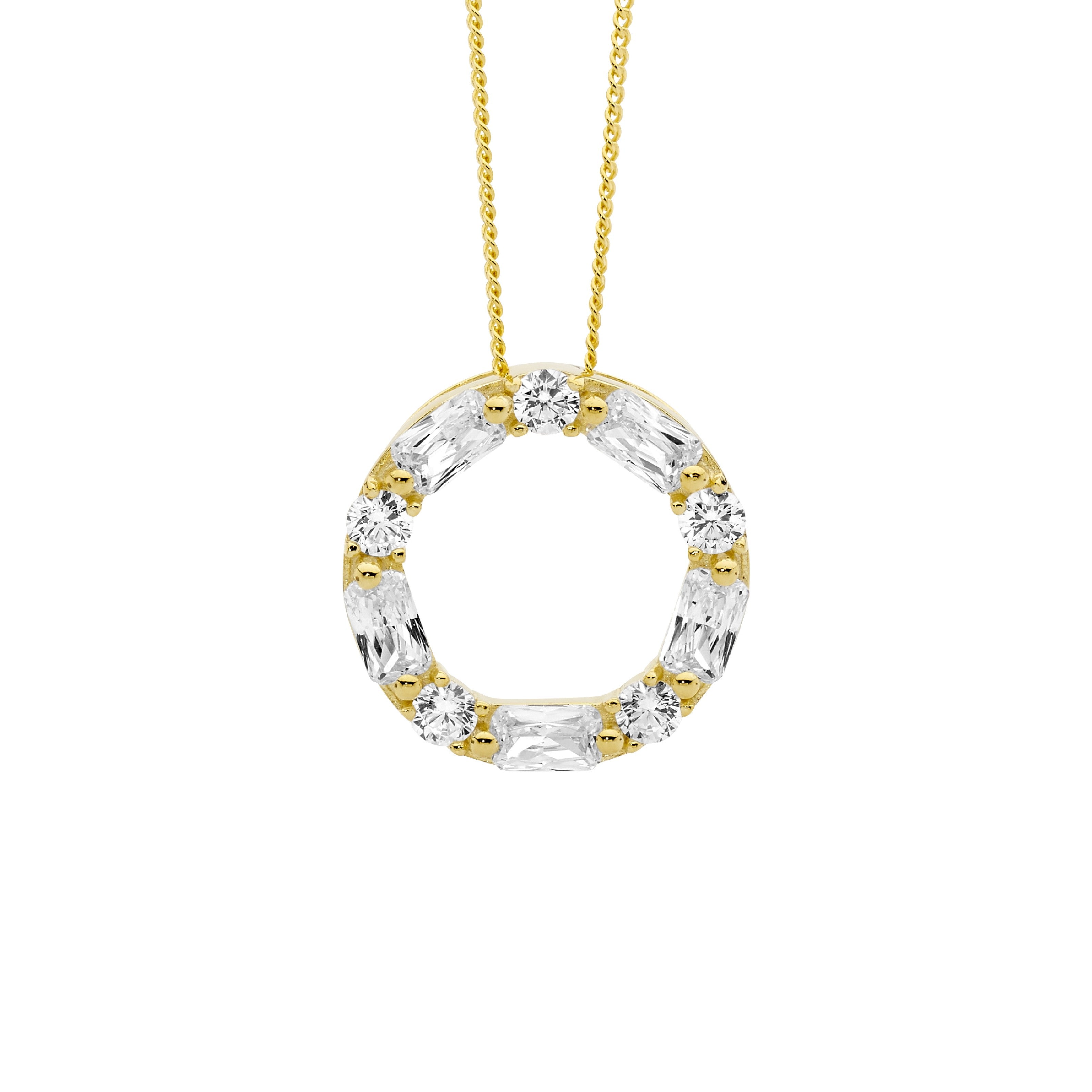 Sterling Silver Cubic Zirconia Round & Baguette 18mm Circle Pendant With Gold Plating