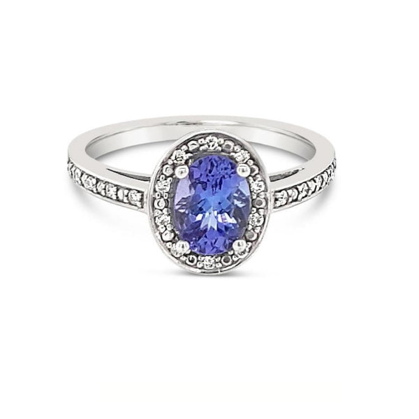 Tanzanite & Diamond Bead Set Halo Ring 9ct White Gold