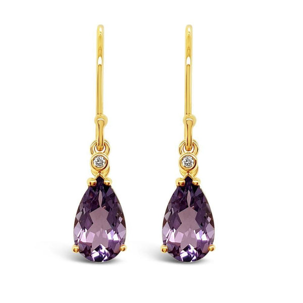 Pear Cut Amethyst and Diamond Drop Earrings 9ct Yellow Gold