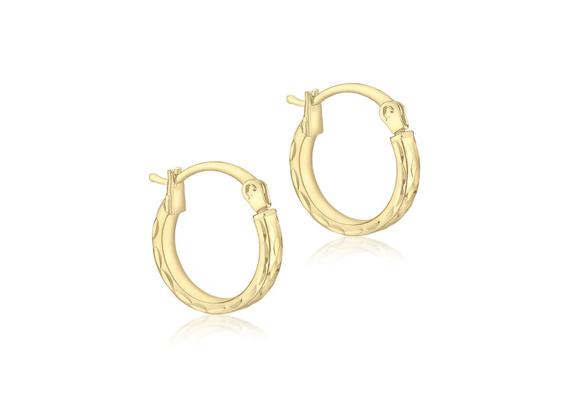 9ct Yellow Gold Diamond Cut Hoop Earrings 10mm