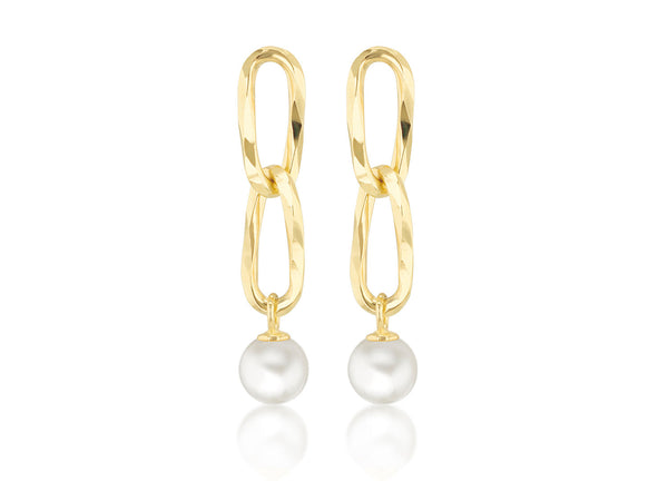 9ct Yellow Gold Double Link Freshwater Pearl Drop Earrings