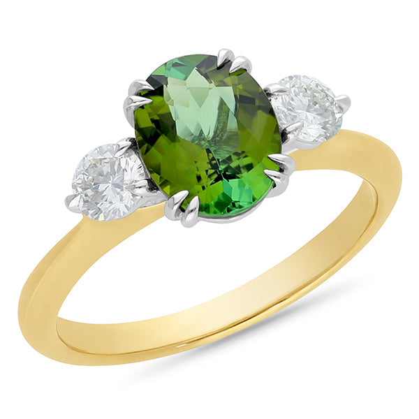 9ct White & Yellow Gold Green Tourmaline & Diamond Ring