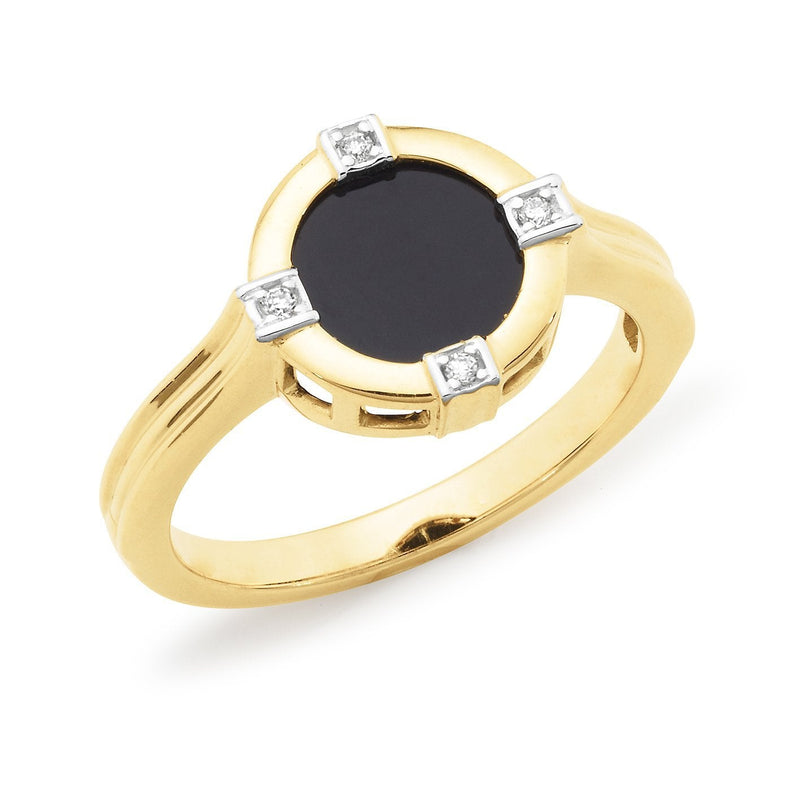 Onyx & Diamond Bezel-Bead Set Dress Ring in 9ct Yellow Gold