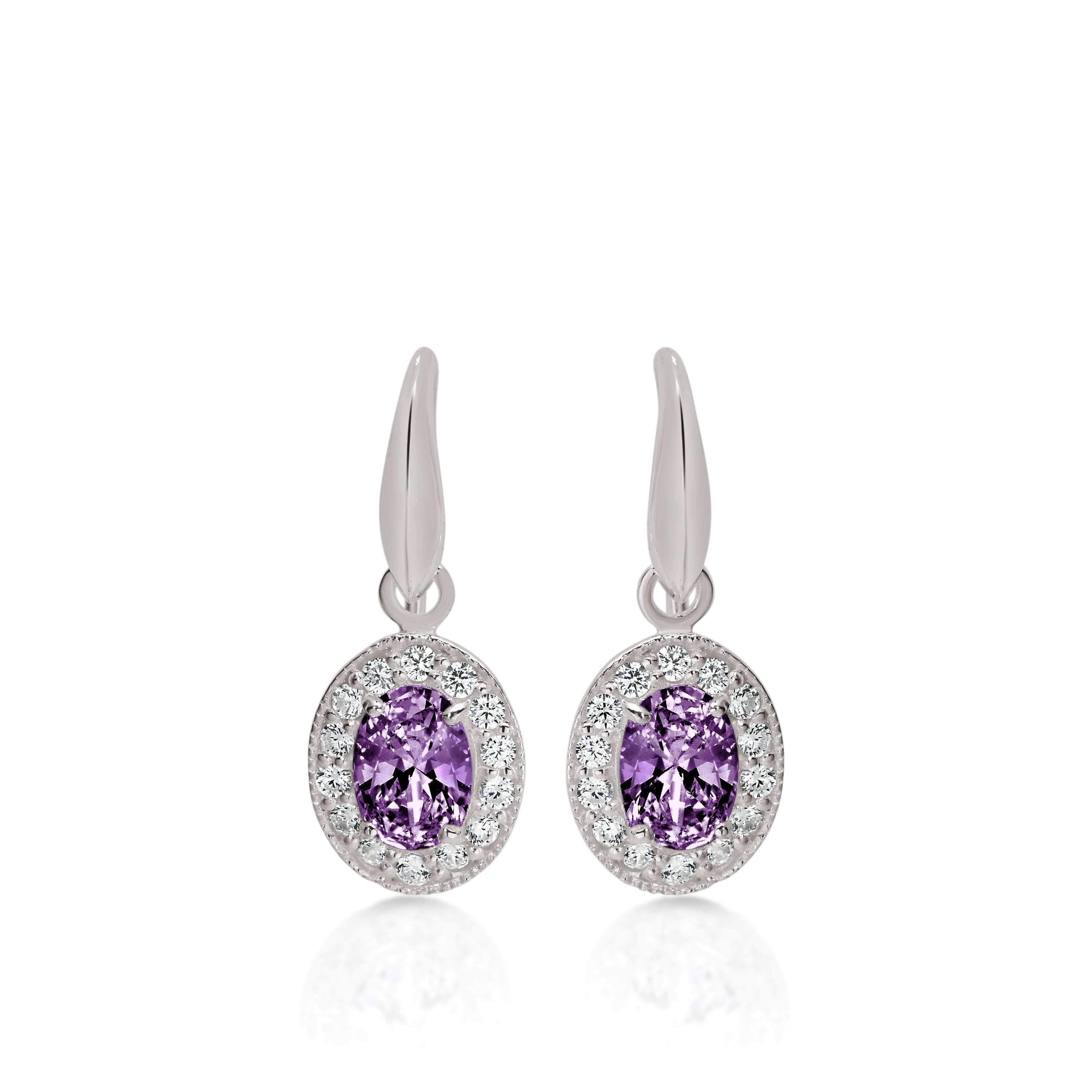 Silver oval purple CZ halo drops