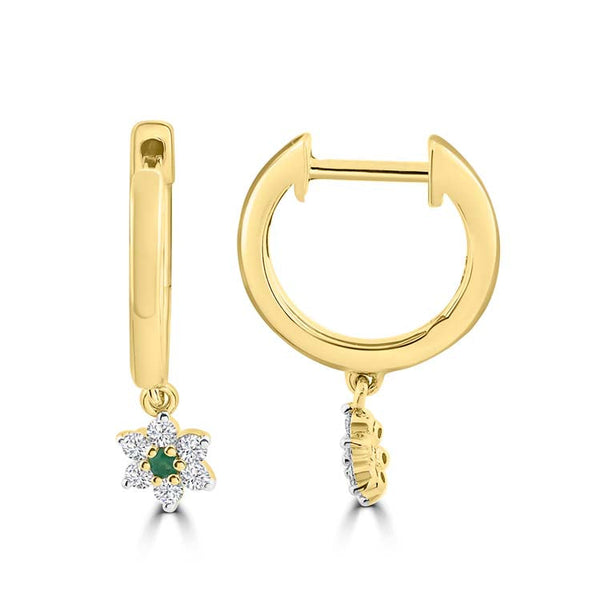 Diamond, Emerald Hoop Earrings with 0.153ct Diamonds in 9ct Yellow Gold