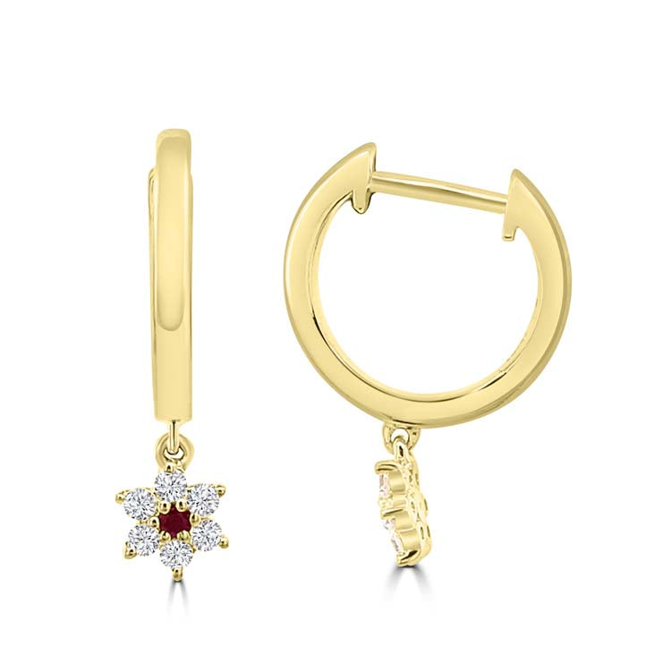 Diamond, Ruby Hoop Earrings with 0.153ct Diamonds in 9ct Yellow Gold