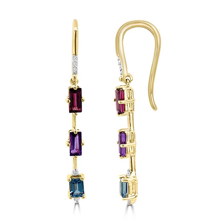 Diamond, Rhodolite, Amethyst, London Blue Topaz Drop Earrings with 0.05ct Diamonds in 9ct Yellow Gold