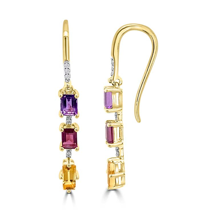 Diamond, Amethyst, Rhodolite, Citrine Drop Earrings with 0.05ct Diamonds in 9ct Yellow Gold