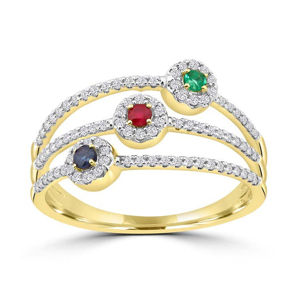 Diamond, Ruby, Emerald, Sapphire Ring with 0.3ct Diamonds in 9ct Yellow Gold