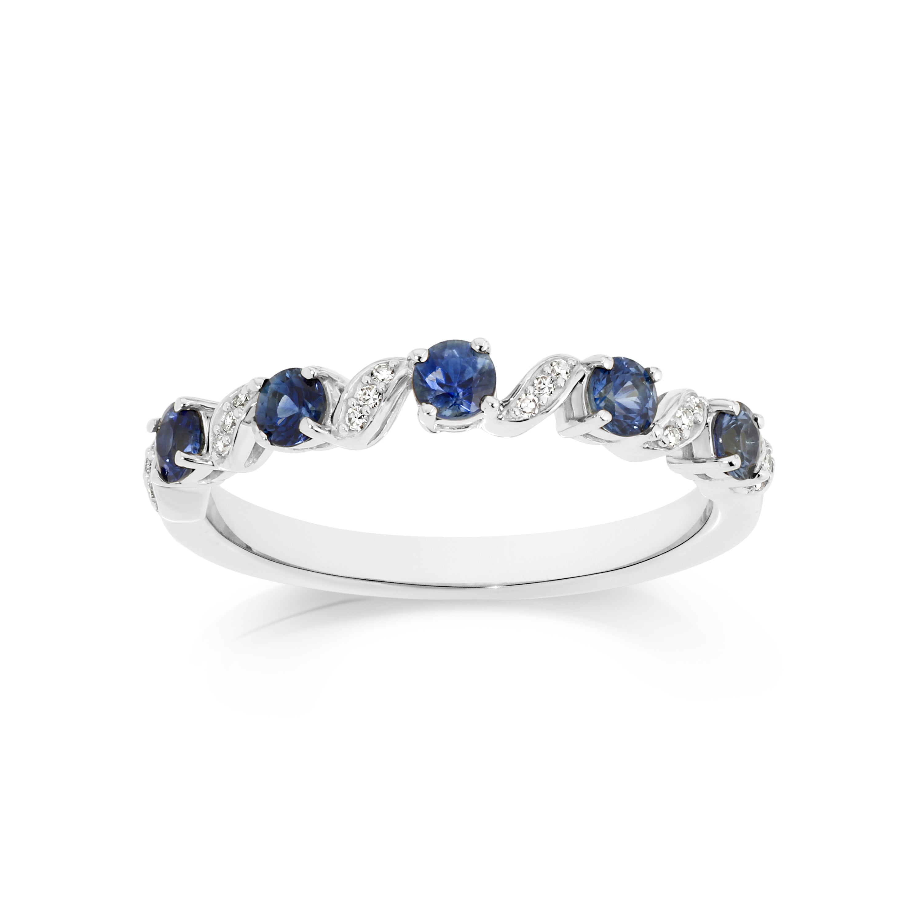 9ct white gold blue sapphire anniversary ring with curved diamond settings