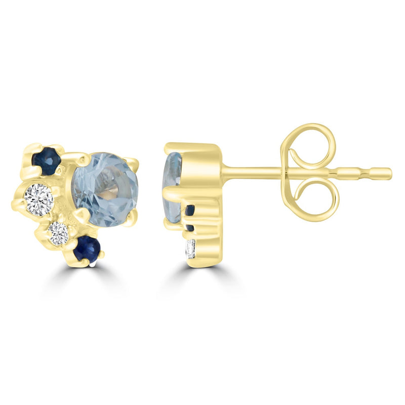 Diamond and Aquamarine Stud Earrings with 0.08ct Diamonds in 9ct Yellow Gold