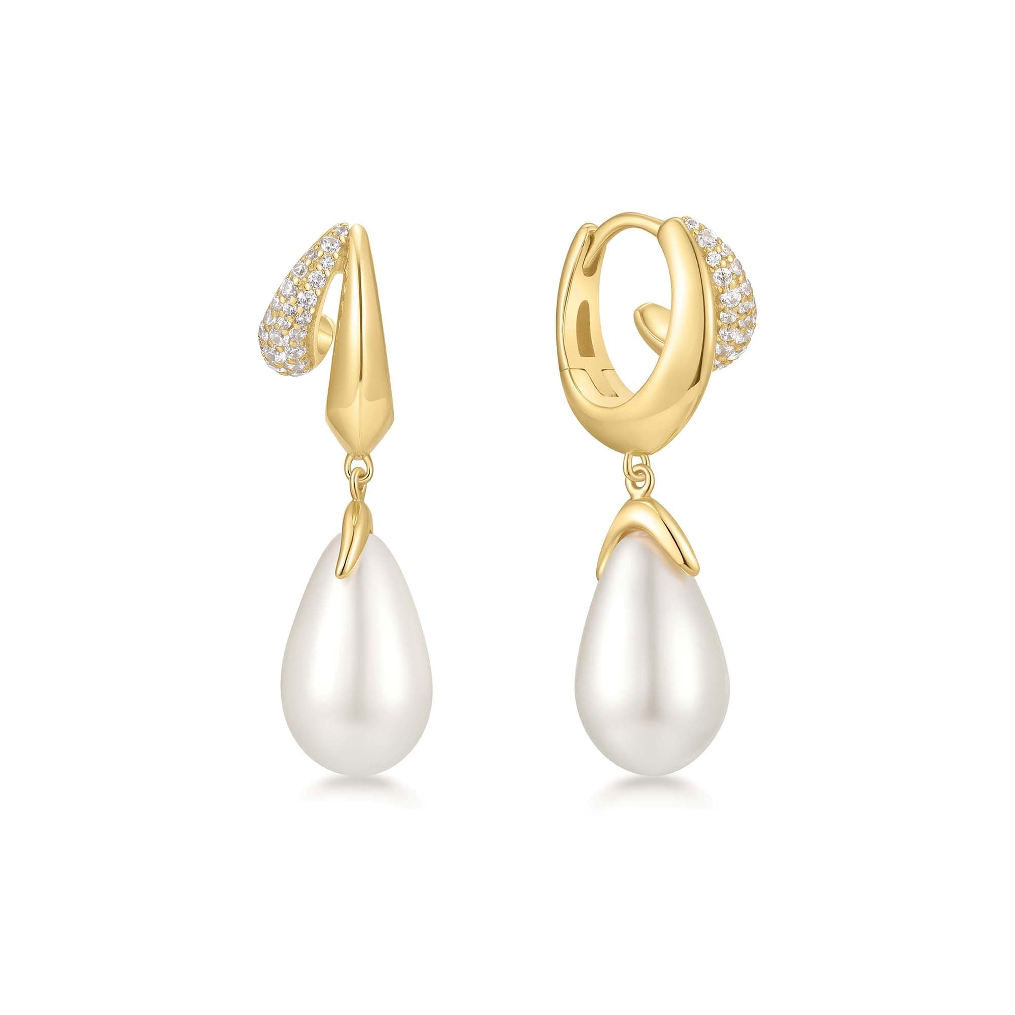 Gold Sparkling Duet Mixed Shell Pearl Drop Huggie Hoop Earrings