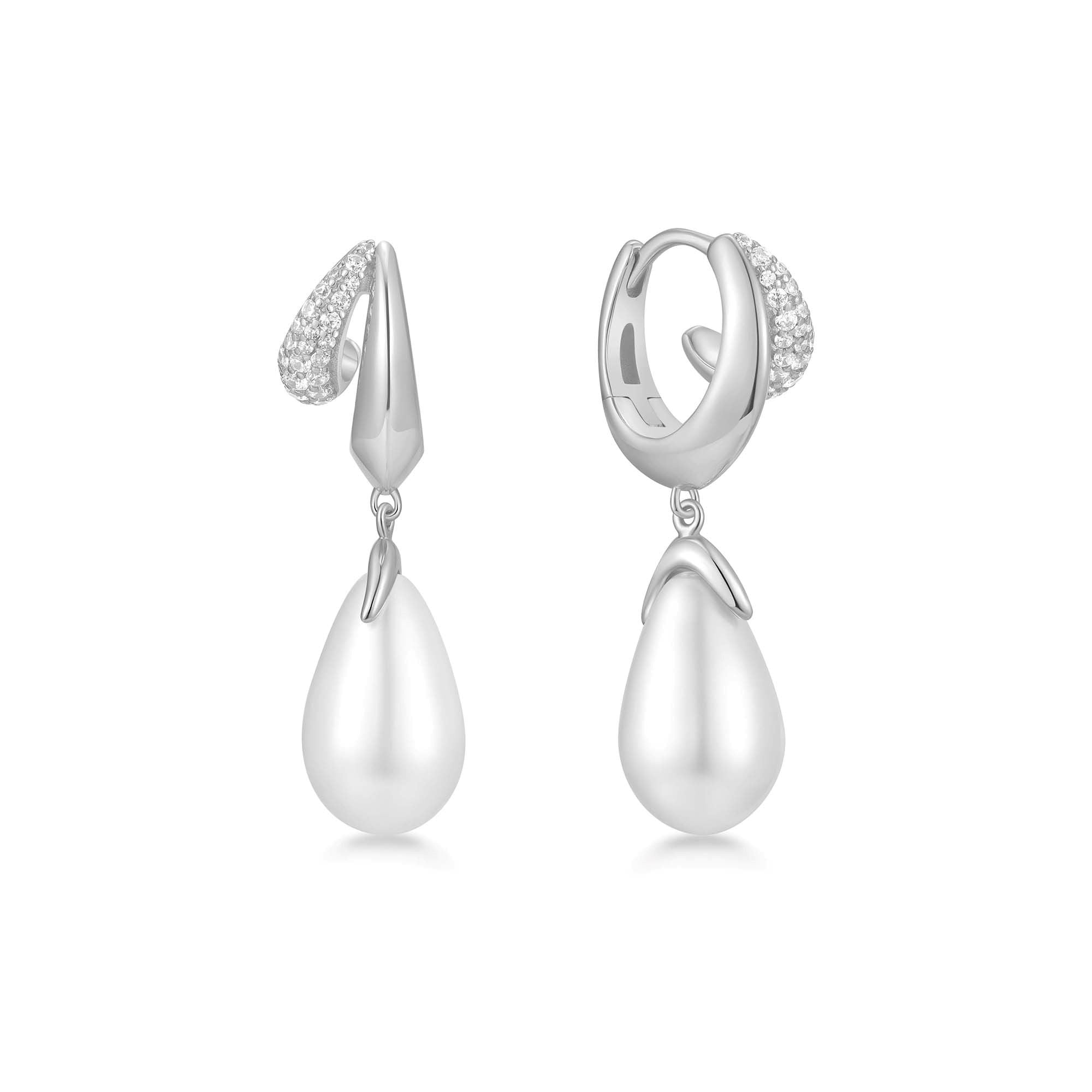 Silver Sparkling Duet Mixed Shell Pearl Drop Huggie Hoop Earrings