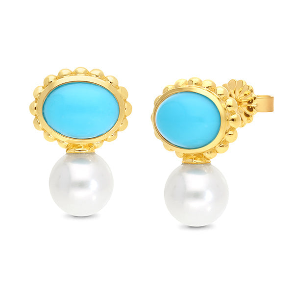 9ct Yellow Gold Freshwater Pearl & Turquoise Earrings