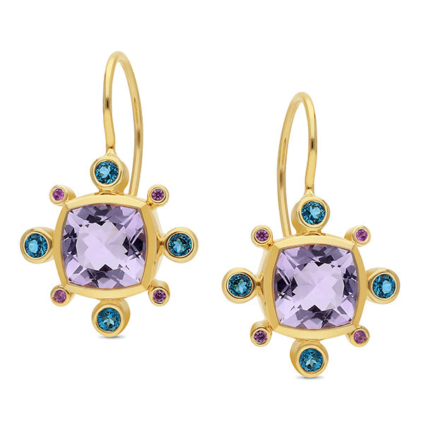 9ct Yellow Gold Pink Amethyst & Sapphire Earrings