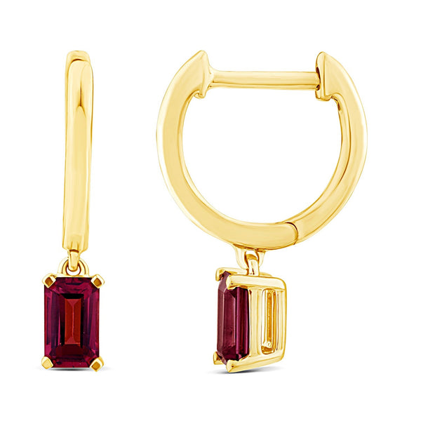 Emerald Cut Rhodolite Garnet Earrings in 9ct Yellow Gold