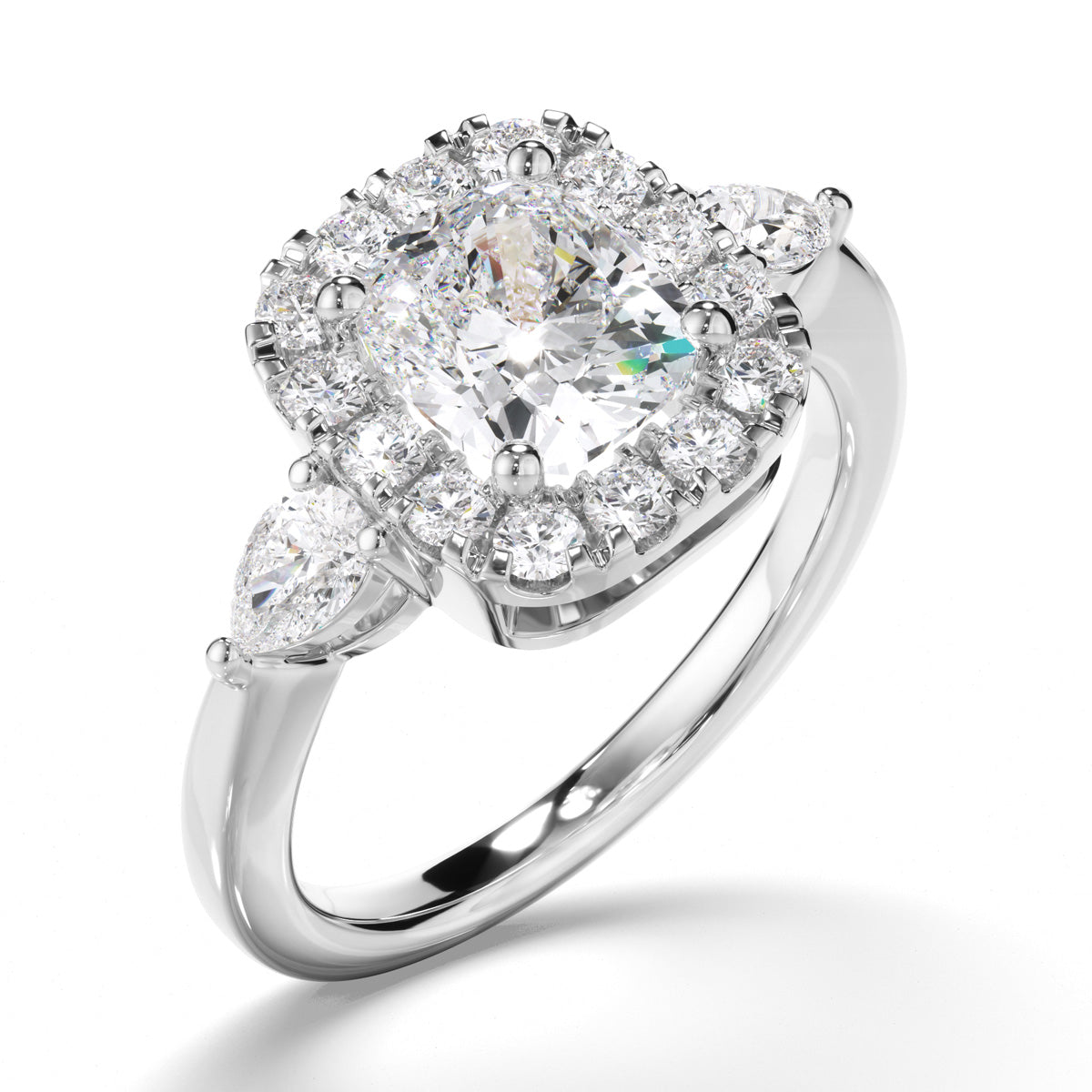 Cushion Cut Diamond Halo Trilogy Engagement Ring with Pear Sides