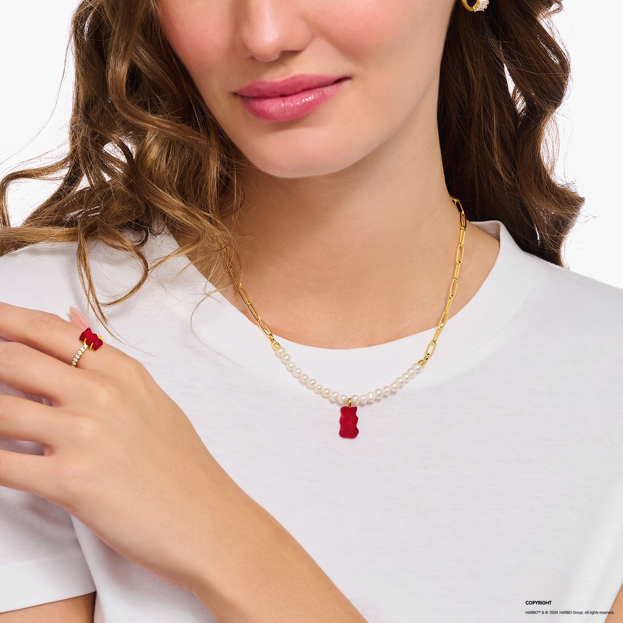 THOMAS SABO Link necklace with red goldbears & freshwater pearls