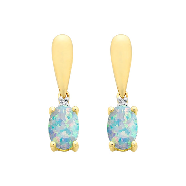 9ct Gold Created Opal & Diamond Earrings