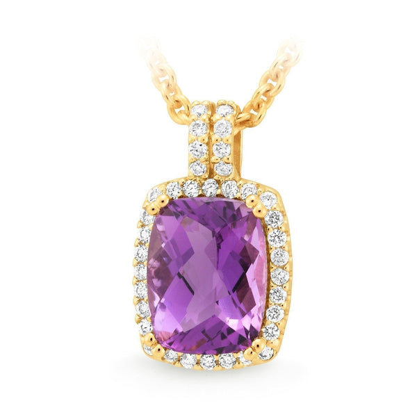 Amethyst & Diamond Claw-Bead Set Pendant in 9ct Yellow Gold