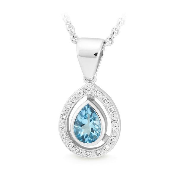 Aquamarine & Diamond Bezel-Bead Set Pendant in 9ct White Gold