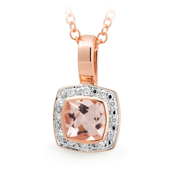 Morganite & Diamond Bezel-Bead Set Pendant in 9ct Rose Gold