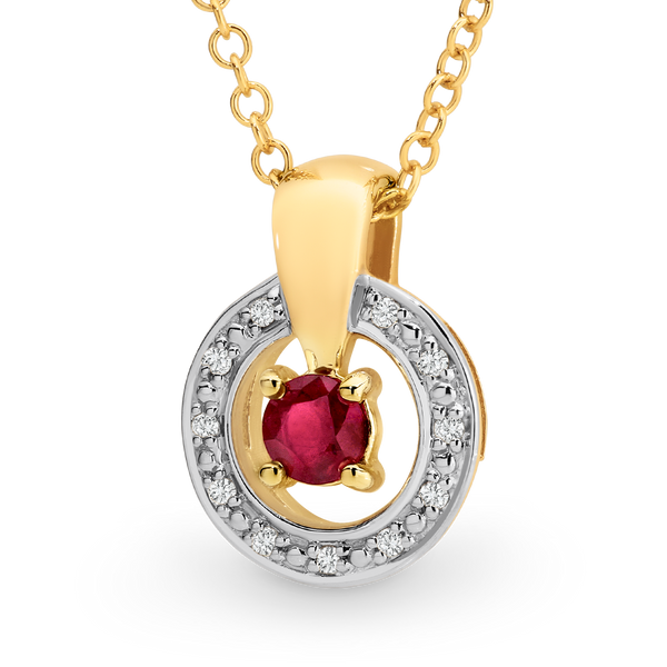 Ruby & Diamond Claw-Bead Set Pendant in 9ct Yellow Gold