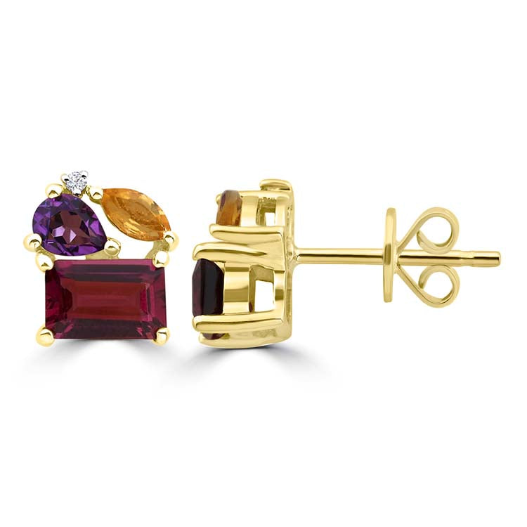 Diamond, Rhodolite, Amethyst, Citrine Stud Earrings with 0.01ct Diamonds in 9ct Yellow Gold