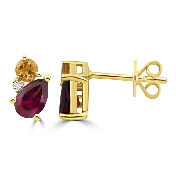 Diamond, Rhodolite, Citrine Stud Earrings with 0.02ct Diamonds in 9ct Yellow Gold