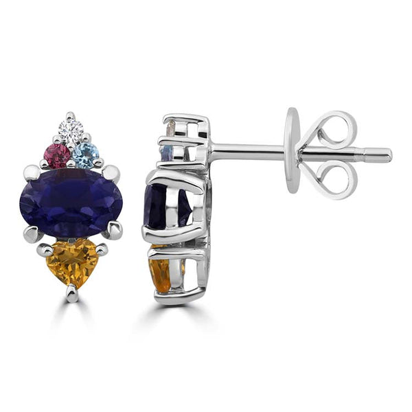 Diamond, Iolite, Citrine, Blue Topaz, Rhodolite Stud Earrings with 0.025ct Diamonds in 9ct White Gold