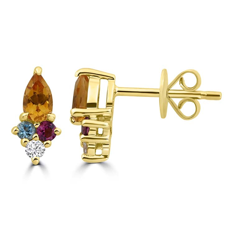 Diamond, Citrine, Blue Topaz, Rhodolite Stud Earrings with 0.058ct Diamonds in 9ct Yellow Gold